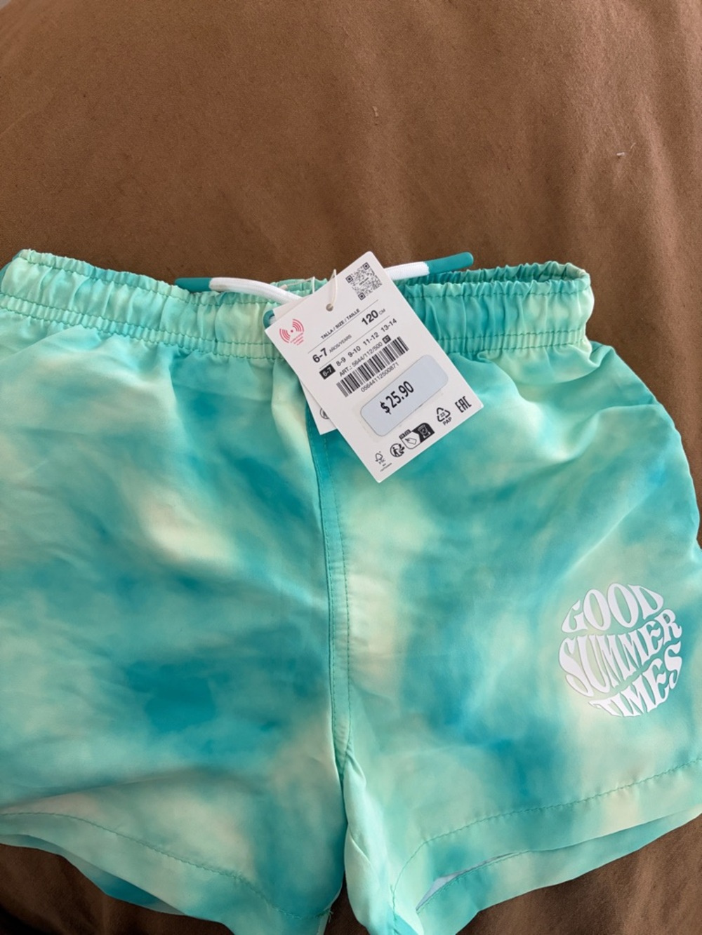 Zara Aqua Tie-Dye Kids Swim Shorts with White Logo